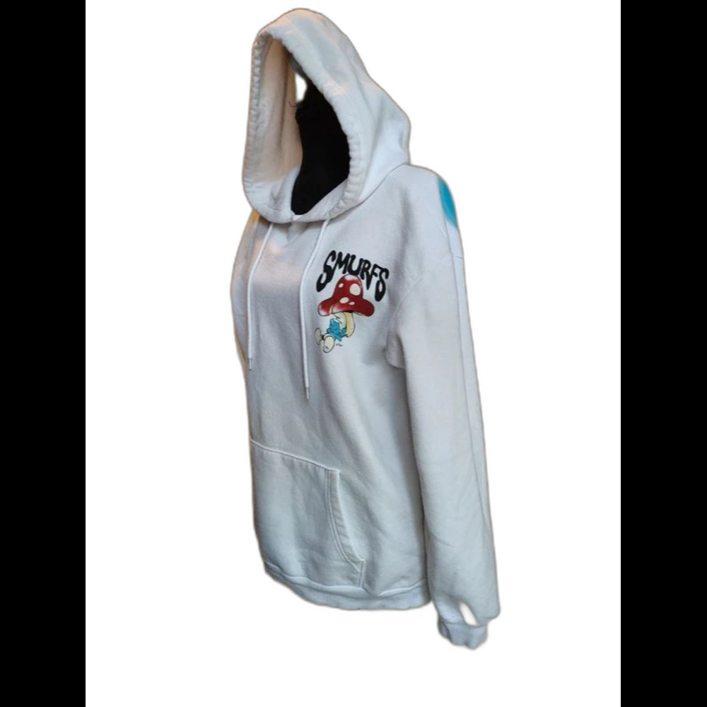 The Smurfs White Airbrush Graphic Hoodie Mushroom Pullover Sweatshirt Size Large